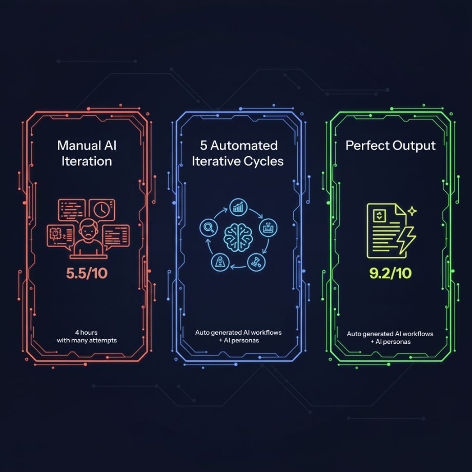 Elliptic AI Workflow: Manual AI Iteration (5.5/10) → 5 Automated Iterative Cycles → Perfect Output (9.2/10)