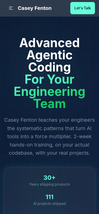 Current live CaseyFenton.com home page on a mobile screen