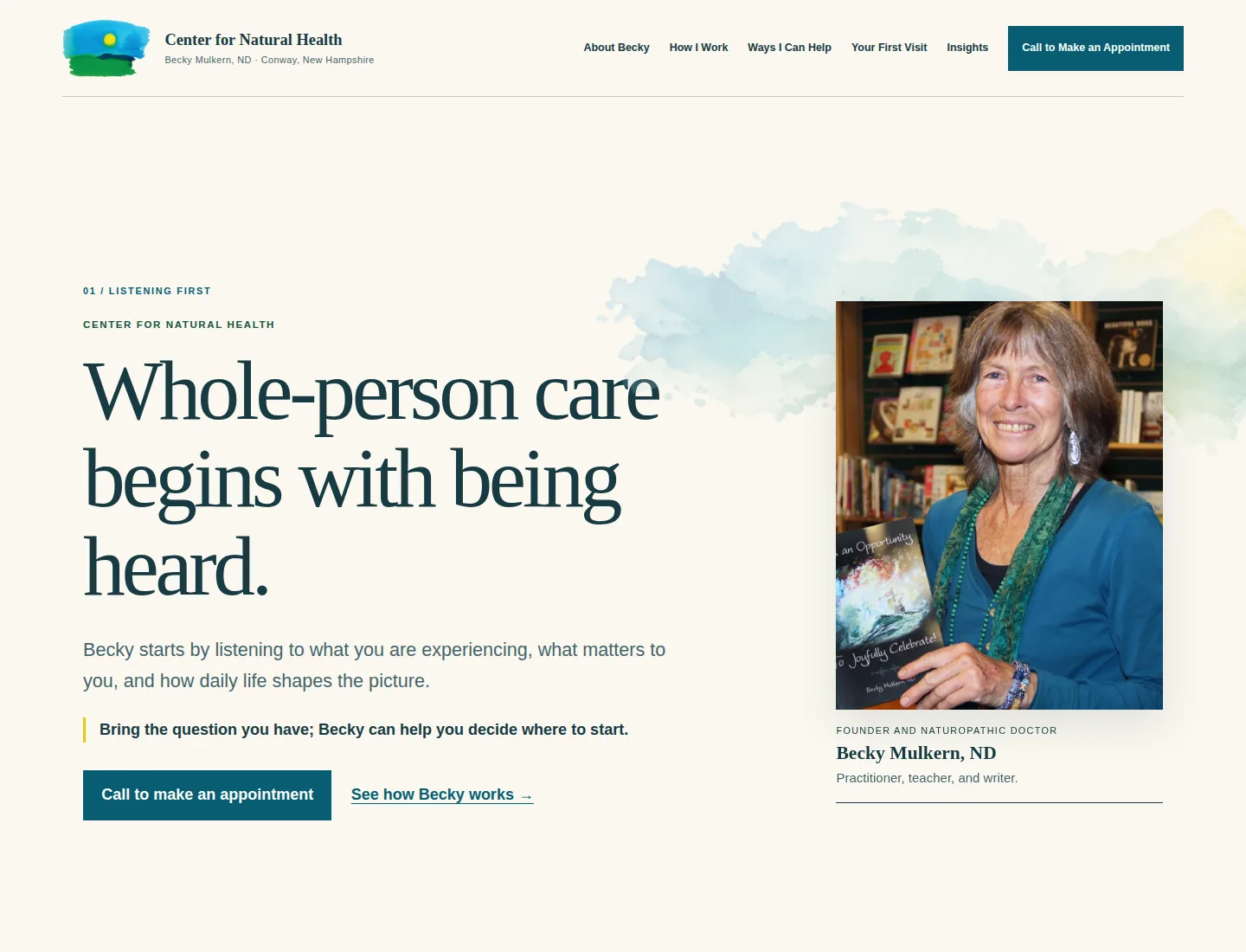 Center for Natural Health desktop home page with complete headline, appointment action, and Becky Mulkern portrait