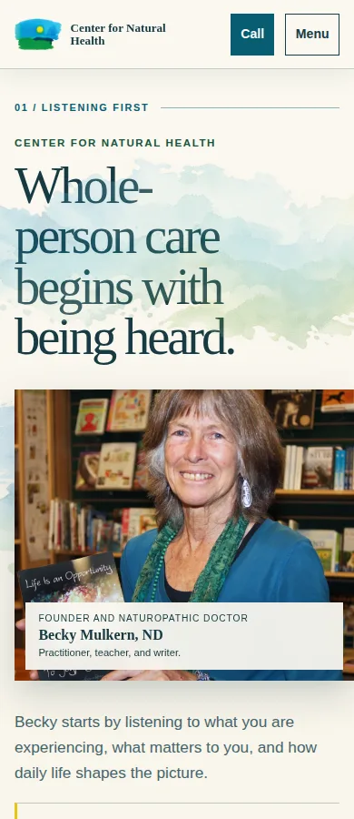 Center for Natural Health mobile home page with complete headline and unobstructed portrait