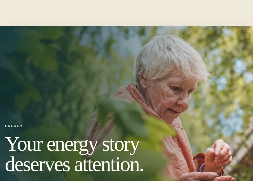 Center for Natural Health service page showing a garden photograph and the heading Your energy story deserves attention