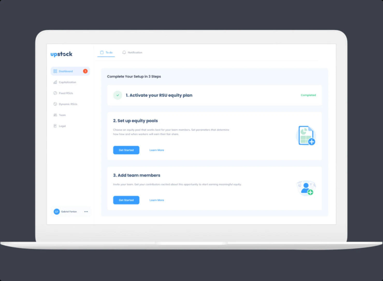 Upstock desktop onboarding interface for configuring an equity plan