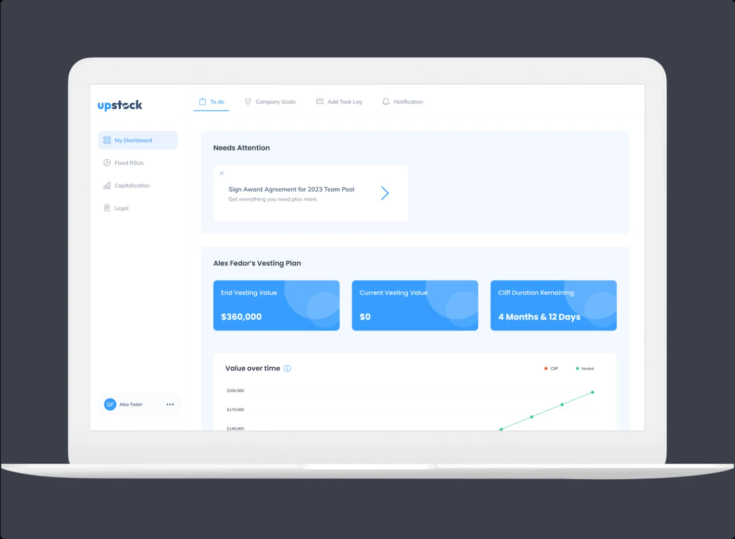Upstock desktop dashboard with a document ready for signature