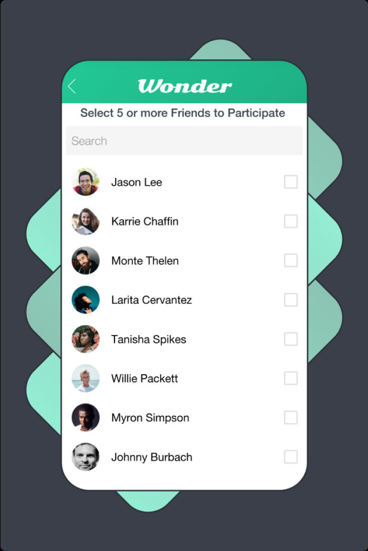 Wonder app screen for inviting trusted friends to participate